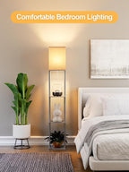 Floor Lamp with Shelves for Living Room, Shelf Floor Lamp with 3 CCT LED Bulb, Corner Display Standing Column Lamp Etagere Organizer Tower Nightstand with White Linen Shade for Bedroom, Dark Gray