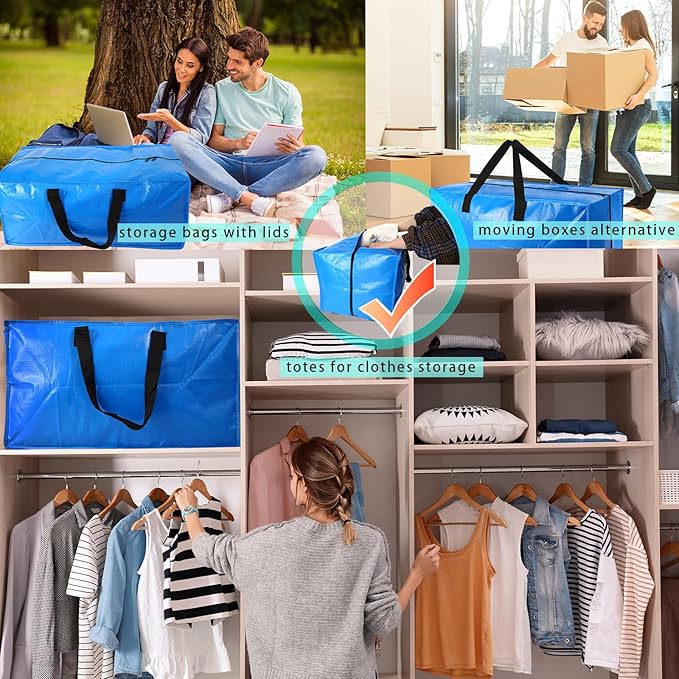 4 Pack Heavy Duty Extra Large Moving Bags - Strong Handles& Backpack Straps - Blue Storage Bags Alternative to Moving Boxes Bins, Packing bag Compatible with Ikea Frakta Cart