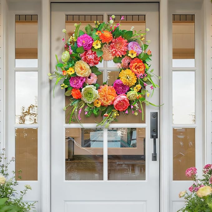 Spring Wreaths for Front Door 24 Inch,Summer Wreath with Rose,Peony,Dahlia,Spring Door Wreath for Holiday Farmhouse Indoor Outdoor Wall Home Decor