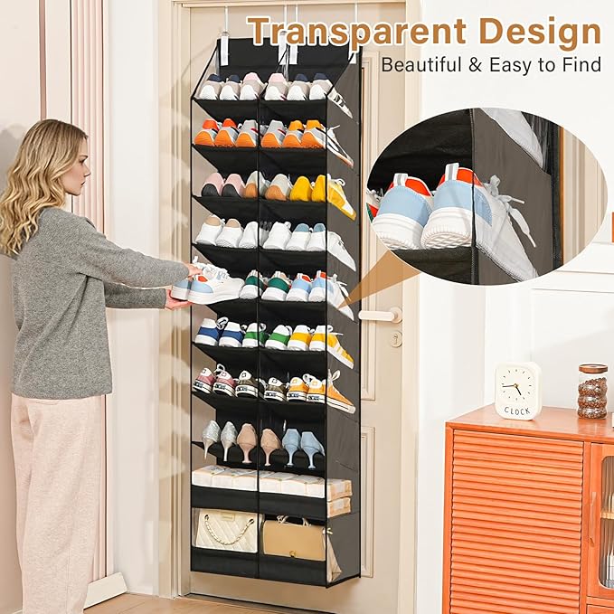 20-30 Pairs Over the Door Shoe Organizer,Side Clear Hanging Shoe Organizer,10-Tier Shoe Storage with 2 Flat Storage Layers,Door Shoe Organizer Fit All the Family’s Sneakers, Boots, Heels,Black
