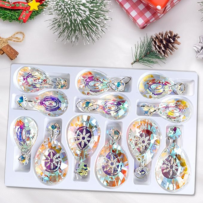 GuassLee Crystal Ornaments Christmas Tree Decorations, 12 Pcs AB Color Teardrop Crystal Hanging Ornaments for Christmas Tree Xmas Bead Chandelier Garland New Years Holiday Party Supplies Decor
