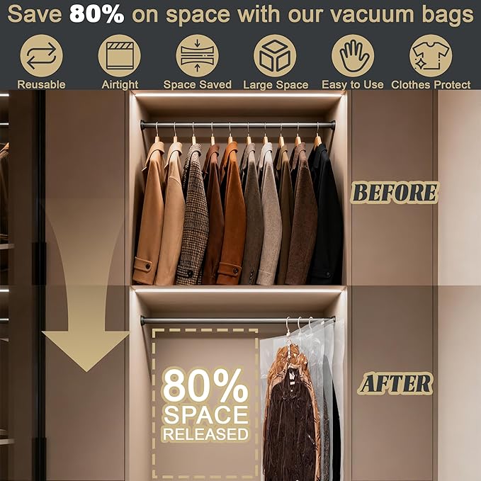 Hanging Vacuum Storage Bags,Hanging Vacuum Sealer Storage Space Saver Bags for Clothes, Suits, Coats, Dresses or Jackets, Reusable Compressed Vacuum Bags Closet Organizers,8 Pack(4 Long,4 Short)