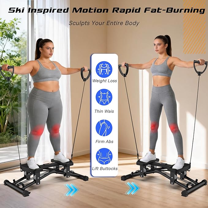Ski Balancing Machine with Resistance Bands, Slide Steppers Full Body Cardio Workout Equipment, Twister Balance Board Equipped with LCD Monitor, 330LBS Capacity