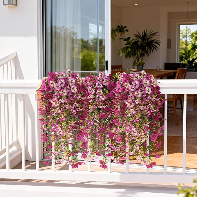 Fake Artificial Flowers for Outdoors, 4 Pcs Faux Hanging Pansy Flowers Spring Summer Decor, UV Resistant Fake Plants Silk Flower for Planter Front Door Porch Patio Yard Garden(Gradient Double Pink)