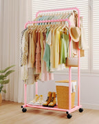 Clothes Rack - Double Rods Clothing Rack with Mesh Shelf, Hooks & Wheels, Metal Clothing Racks for Hanging Clothes & Bags, Multifunctional Garment Rack for Laundry, Pink, 28.7" x 16.5" x 59.1"