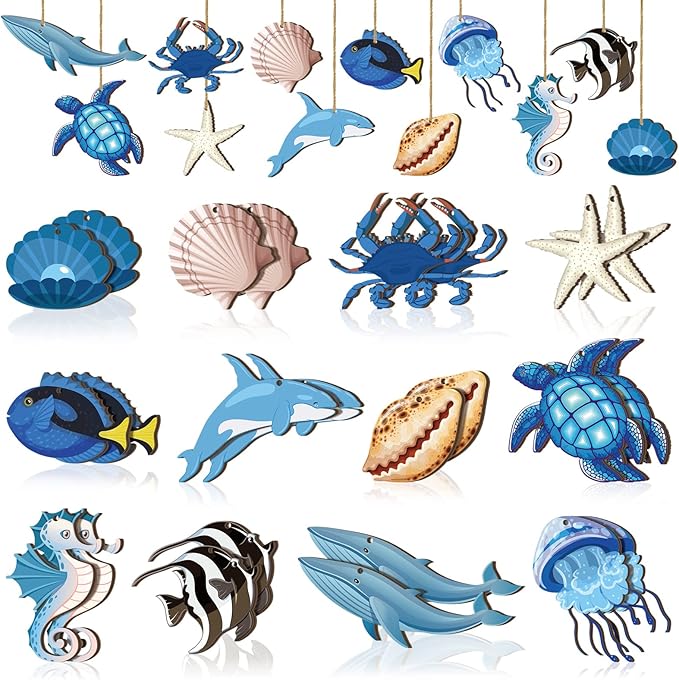 24 Pcs Summer Ornaments for Tree Wooden Ocean Beach Tree Decorations Coastal Nautical Wood Hanging Cutouts Beach Sea Animals Decorations with Rope for Summer Holiday Party Supplies