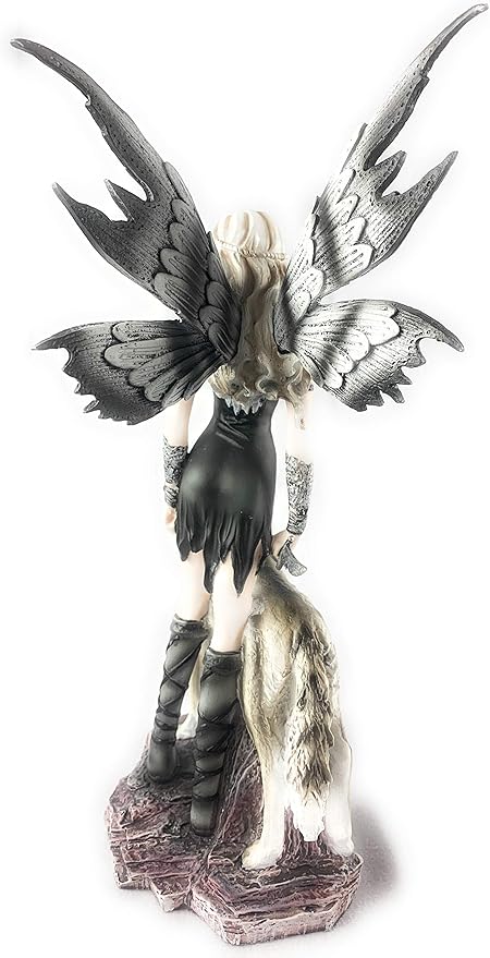 Warrior Fairy and Snow Wolf Fantasy Collectible Statue Figurine, 11X8 inches