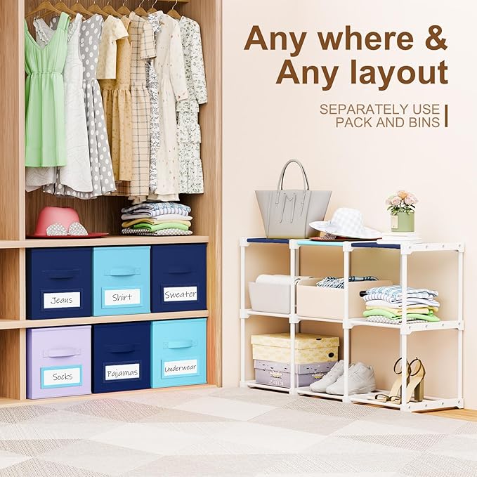 Geelin 6 Blue Cube Storage Organizer with Fabric Bins and Labels, 11 Inch Collapsible Toy Organizer Shelf Storage Bins Dresser Drawer for Boys Bedroom Nursery Playroom Room Decor