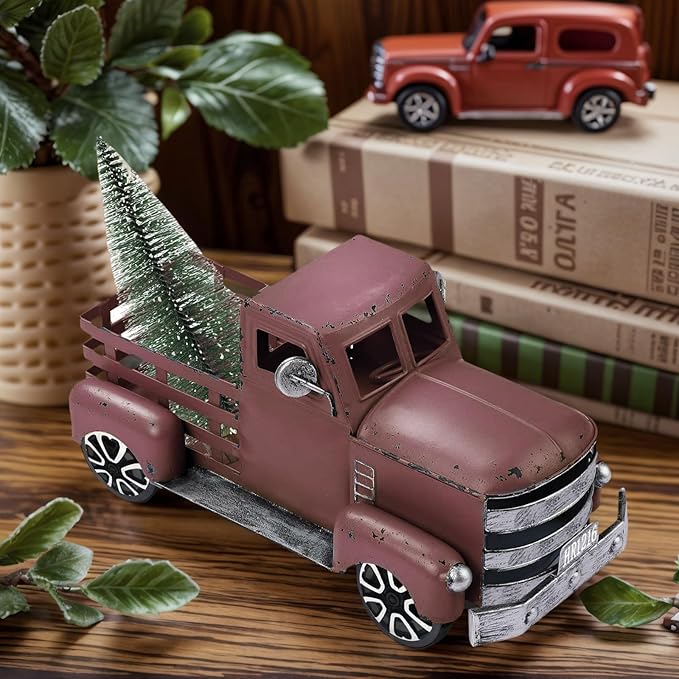Metal Truck Decor with Handcrafted Flowers Tree, Vintage Farm Pickup Farmhouse Tabletop Tiered Tray Decor, Rustic Farmhouse Decor for Table Top Decor Home Kitchen(Wine Red)