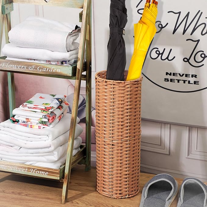 Weysat Woven Umbrella Stand for Entryway Handmade Umbrella Holder Freestanding Cane Stand Natural Color Decorative Umbrella Rack Tall Basket for Laundry Bathroom(Rattan, Cylindrical Style)