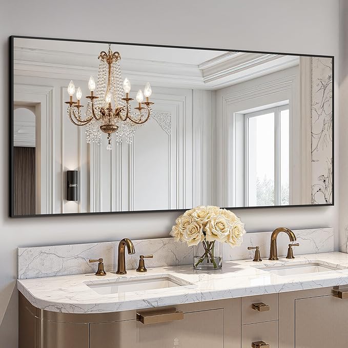 TRAHOME Bathroom Vanity Mirror for Wall, 60" x 30" Metal Framed Rectangular Bathroom Wall Mirror for Over Sink, HD Shatterproof Glass, Hangs Horizontally or Vertically(Black)