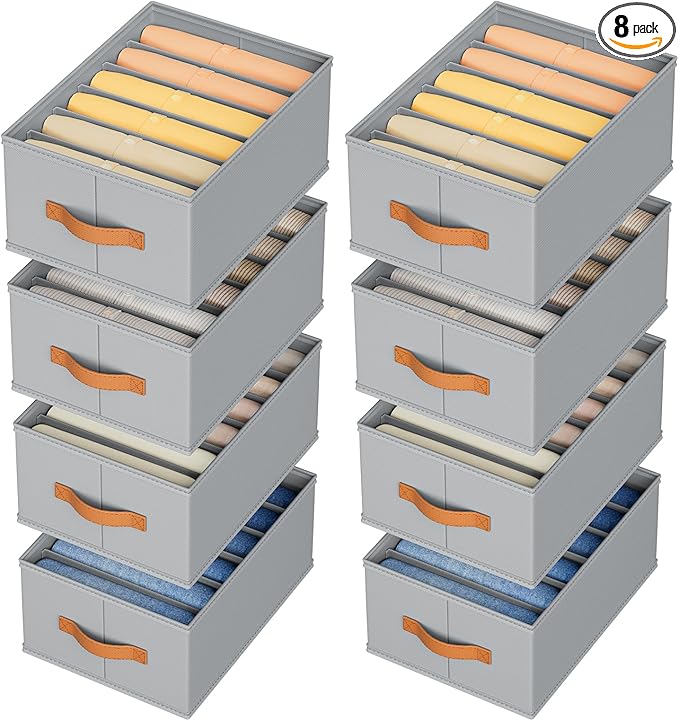 DIMJ Large Wardrobe Clothes Organizer - 8 Packs Fabric Closet Storage Organizer with Handles, Foldable Closet Organizers Dividers for Clothing Jeans Pants Sweater T-shirt