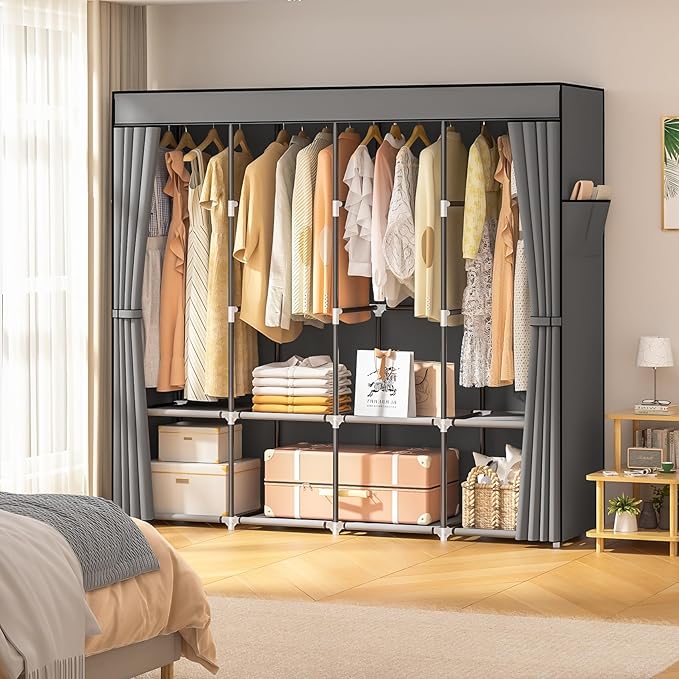 Portable Closet, 66 Inch Large Capacity Wardrobe for Closet Organizers and Storage with Non-Woven Fabric Cover, 4 Hanging Rods, 8 Shelves(Grey)