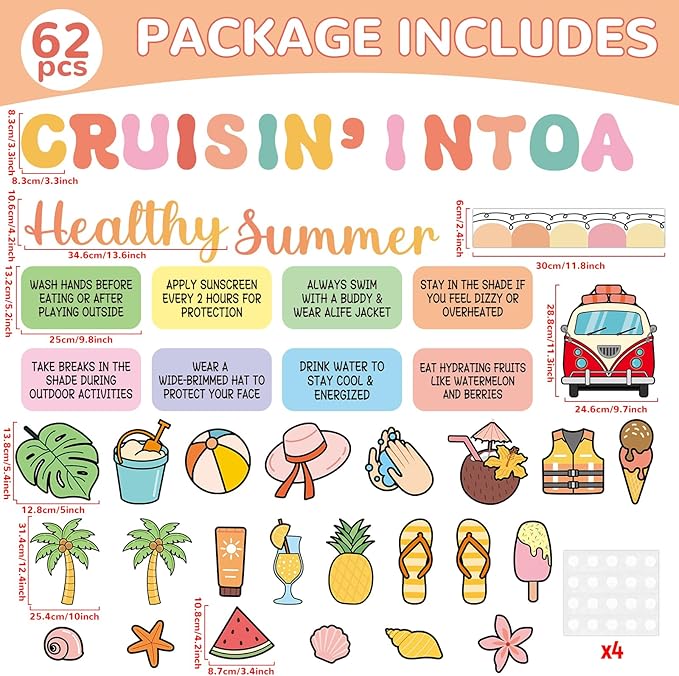 Retro Summer Beach Bulletin Board Set Groovy Hawaii Beach Classroom Decorations Cruisin' Into A Healthy Summer Tropical Classroom Paper Cutouts for Back to School Chalkboard Wall Teacher Supplies