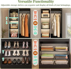 Closet System, 4.2–8.8 FT Closet Organizer with 2 Wooden Drawers and Shelves, Walk-in Closet System with 5 Hang Rods, Built-in Closet Tower, Can Fit 60 to 96 inch, Black