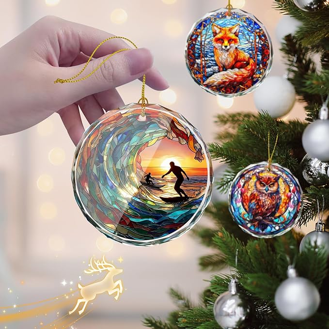 Surfing Stained Glass Ornament, Christmas Tree Decor, Surfing Ornaments for Christmas Tree, Holiday Presents, Gift Exchange