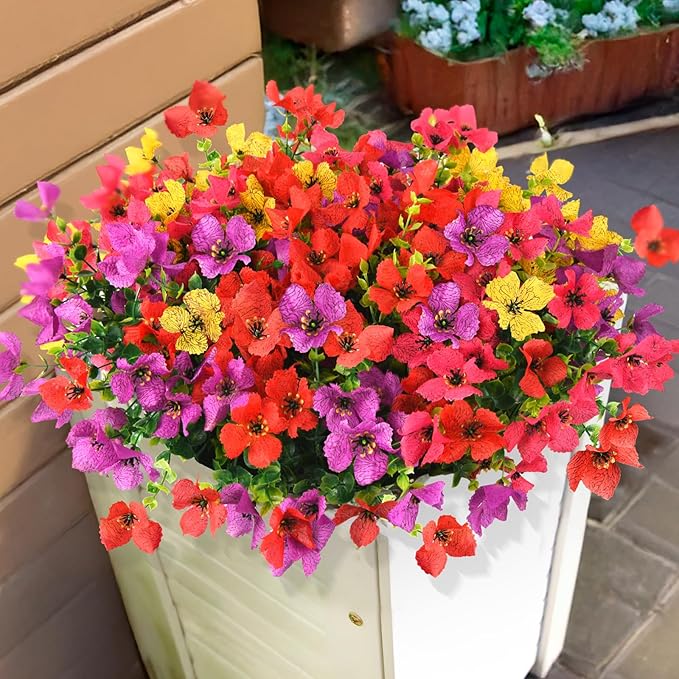 Homsunny Artificial Fake Flowers Plants for Outdoors - 12 Bundles Fake Plants Faux Silk Flowers Outside, UV Resistant for Planter Front, Porch, Garden, Patio, Spring Decor