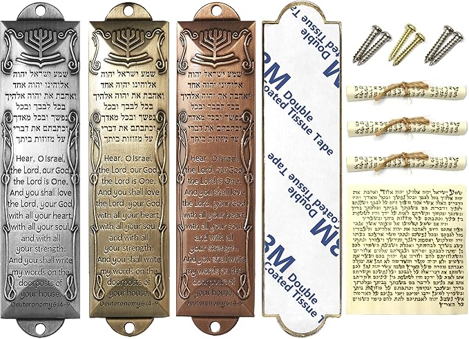 Mezuzah with Scroll for Door, Metal Mezuzah Cases with Double Sided Tape, Waterproof Cover with English and Hebrew Blessing Scripture for Jewish House Warming Gift, Hannukah Decor (3 Pcs)
