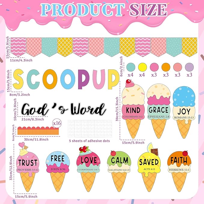 Summer Christian Bulletin Board Decorations Set Bible Verse Inspirational Jesus Classroom Decoration Summer Ice Cream Religious Paper Cutouts for Sunday School Church VBS Home Chalkboard Wall Decor
