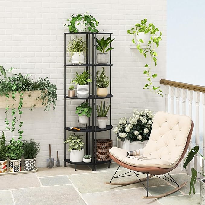 Yoobure Corner Shelf Stand, 5-Tier Bookshelf, 65" Tall Shelves for Bedroom, Living Room, Narrow Display Bookcase, Black with Display Shelves for Office