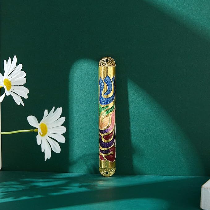 Matashi Gold Hand Painted Multi Color Enamel 6 inch Mezuzah Embellished with Hebrew Shin Home Door Wall Decor Home Décor Jewish Holiday Housewarming Present House Blessing Gift for Holiday Festival