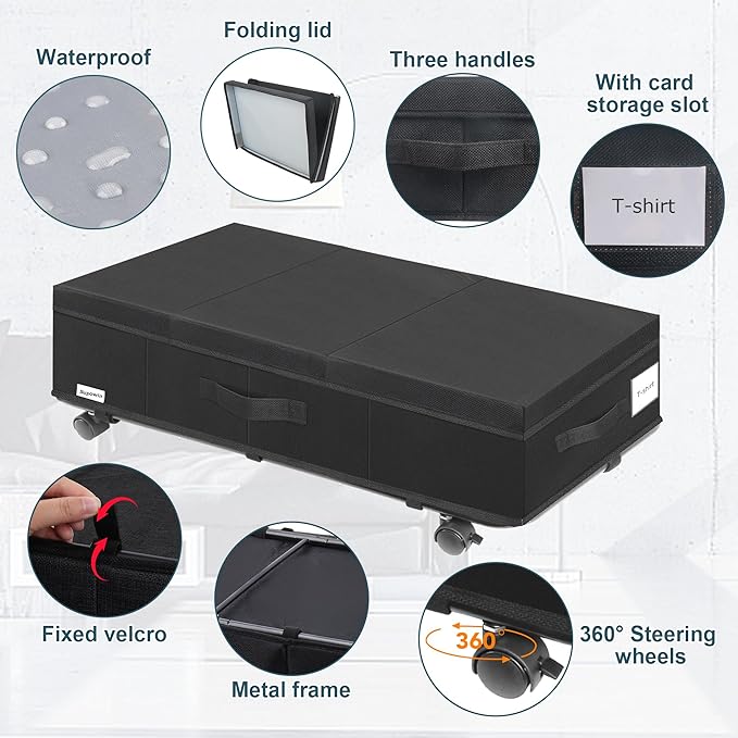 Under Bed Storage with Wheels, Rolling Underbed Storage Containers with Lids, Under Bed Shoe Storage Bins Organizer with Reinforced Metal Bottom Support and Three Handles