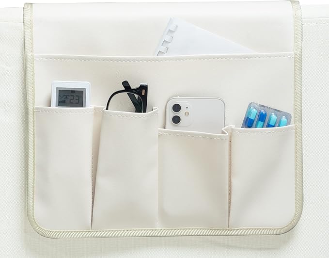 PU Leather Sofa Armrest Organizer, Armchair Magazine Holders, Waterproof Remote Holder for Recliner Couch with 1 Large Pocket, 4 Small Pockets for Magazine, Remote, Phone, Ipad, Books (white)