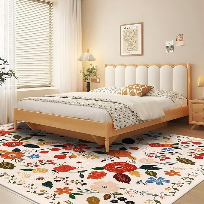 U'Artlines 8x10ft Colorful Floral Area Rug, Machine Washable Ultra Soft Low Pile Non Slip Non Shedding Accent Floor Carpet for Living Room, Bedroom, Dining Room, Office (Beige)