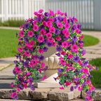 Fake Artificial Hanging Flowers for Outdoor, 2 PCS Silk Morning Glory Faux Flowers with Eucalyptus Leaves,Realistic Hanging Plants for Wedding Home Office Garden Decor