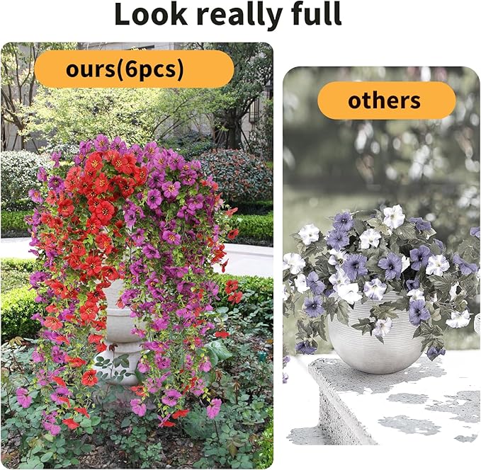 Artificial Hanging Flowers for Outdoors, 6 Pcs Fake Plant for Spring Summer Decoration, UV Resistant Realistic Silk Faux Flowers Outside Indoor Planter Porch Patio Balcony Yard Decor