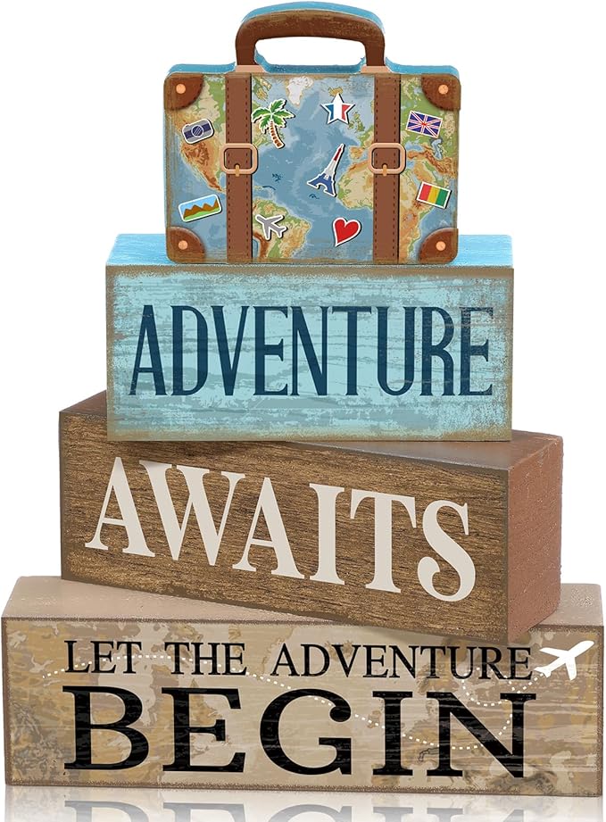 Lineshading 4 Pcs Travel Themed Party Decorations Travel Table Decor Vintage Suitcase Wooden Stacked Sign Bon Voyage Party Decor Adventure Awaits Table Centerpieces for Baby Shower Retirement Birthday