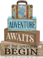 Lineshading 4 Pcs Travel Themed Party Decorations Travel Table Decor Vintage Suitcase Wooden Stacked Sign Bon Voyage Party Decor Adventure Awaits Table Centerpieces for Baby Shower Retirement Birthday