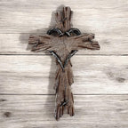 Rustic Wood-Look Resin Wall Cross with Barbed Wire & Nail Heart Accents – 11 ½” Christian Farmhouse Wall Décor, Inspirational Religious Gift (Rustic Brown)