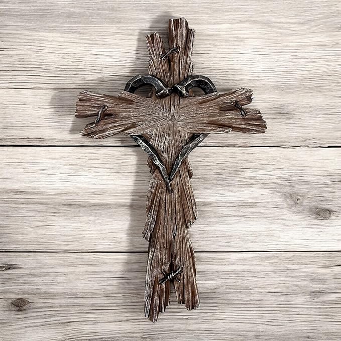 Rustic Wood-Look Resin Wall Cross with Barbed Wire & Nail Heart Accents – 11 ½” Christian Farmhouse Wall Décor, Inspirational Religious Gift (Rustic Brown)