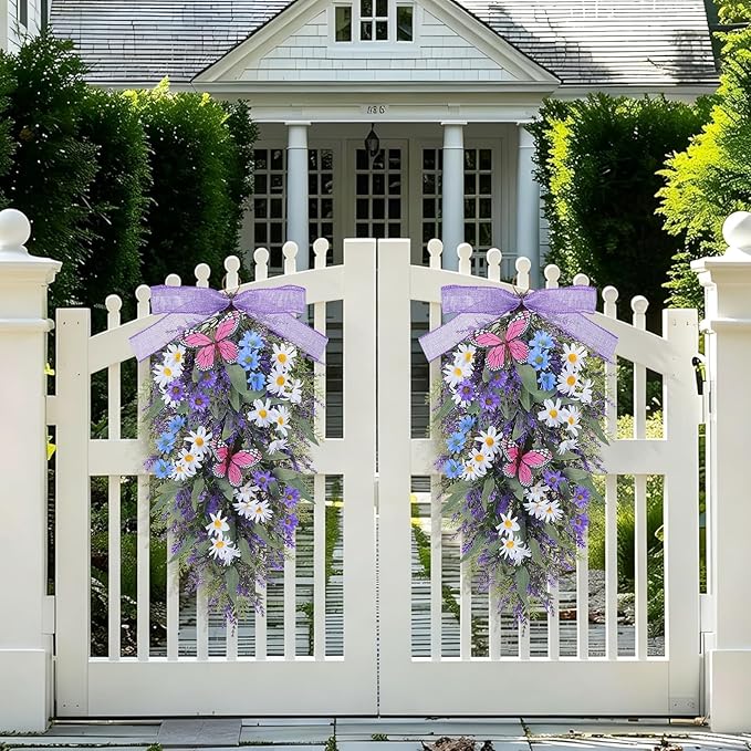 23" Lavender Teardrop Swag Wreath 2Pcs Spring Summer Swags for Front Door Faux Lavender Teardrop Swag with Butterfly Purple Wreath for Porch Wall Window Farmhouse Wedding Home Decor
