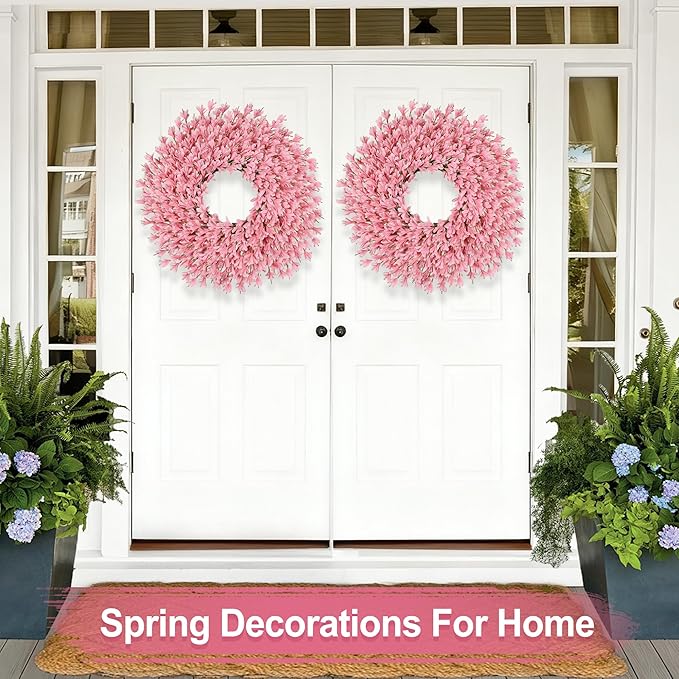 26 Inch Spring Wreaths for Front Door Large Easter Valentines Forsythia Floral Summer Spring Door Wreaths Outdoor All Season Spring Decorations for Home Porch Room Window Wall Farmhouse Decor (Pink-R)