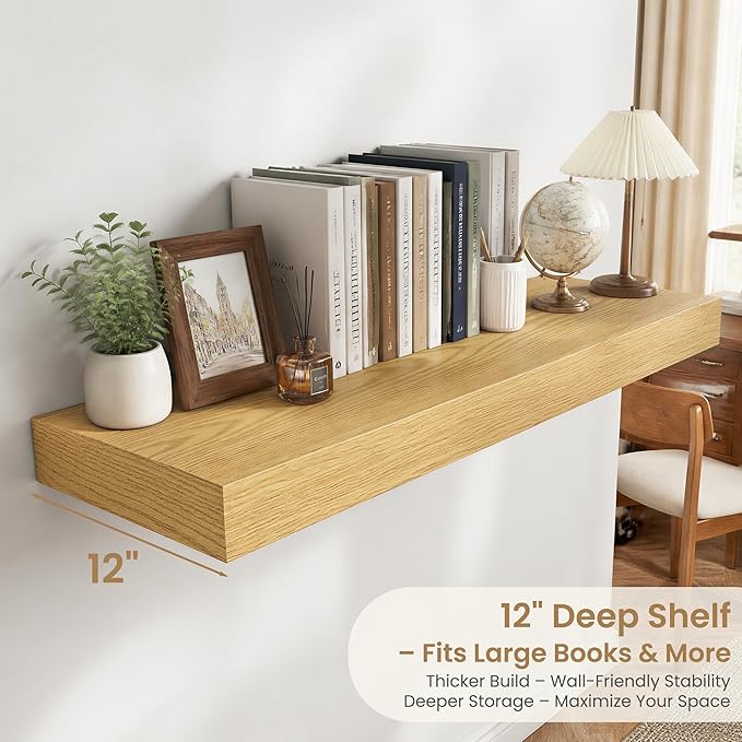 FLYJOE 36 Inch Long Floating Shelves for Wall Set of 1, 12" D Wood Grain Bathroom Shelves with Invisible Brackets, Easy Install Engineered Wood Storage Shelves for Kitchen, Living Room, Bedroom