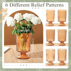 6 Pcs (H:7" W:4") Embossed Flower Vase Pedestal Glass Vase Big Base Thickened Crystal Vintage Vases for Valentines Day Wedding Home Decor Table Centerpiece House Warming Gifts(Amber)