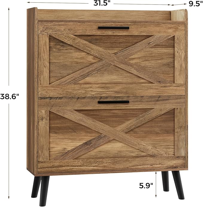 32" W Farmhouse Shoe Storage Cabinet with 2 Flip Drawers and Barn Door Design, Adjustable Shelves, Hidden Slim Narrow Shoe Rack Cabinet for Entryway, Foyer, Hallway, Living Room, Rustic Walnut