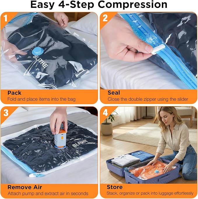 Vacuum Storage Bags with Cordless Pump, 16-Pack Space Saver Vacuum Seal Bags for Blankets, Clothes & Bedding, Reusable Compression Bags in 4 Large Sizes (M–Jumbo), Long-Side Opening
