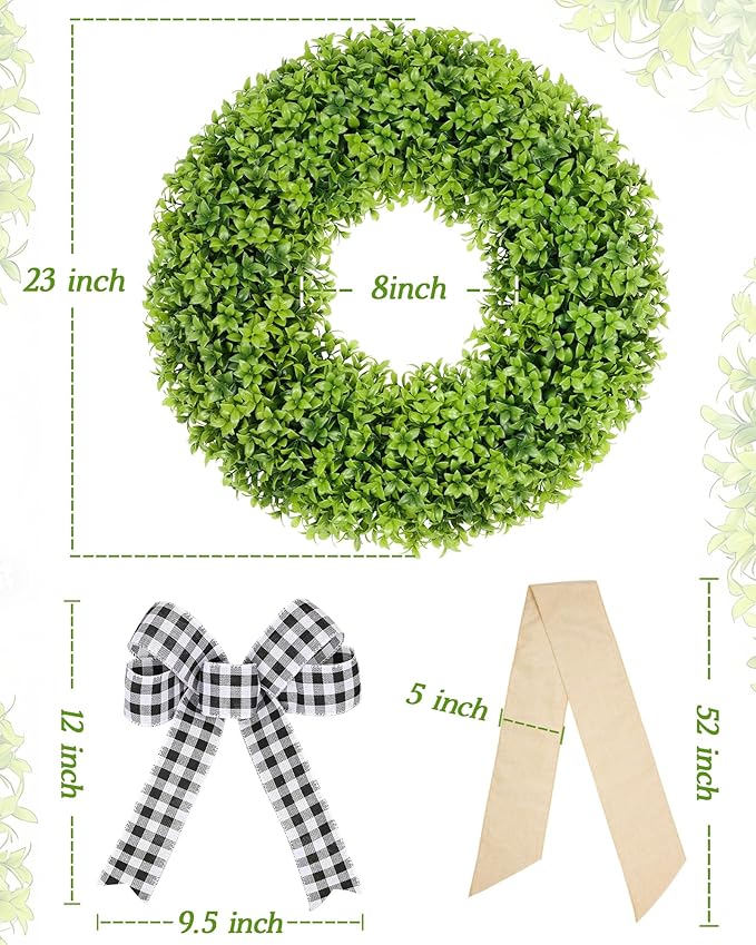 Vlorart 23 Inch Large Boxwood Door Wreaths for Front Door All Season, Artificial Spring Summer Green Wreath with Sash & Bow, Front Door Wreaths for Indoor Outdoor Porch Wall Window Farmhouse Decor