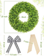 Vlorart 23 Inch Large Boxwood Door Wreaths for Front Door All Season, Artificial Spring Summer Green Wreath with Sash & Bow, Front Door Wreaths for Indoor Outdoor Porch Wall Window Farmhouse Decor