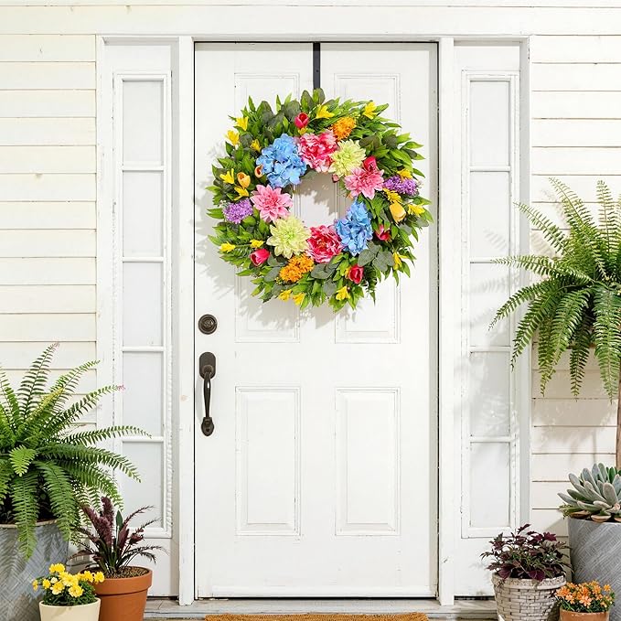18 Inch Spring Wreaths for Front Door with Dahlias, Hydrangeas, Peonies, Eucalyptus - Artificial Spring Summer Front Door Wreath for Farmhouse, Porch, Window, Wedding, Indoor Outdoor Home Decor