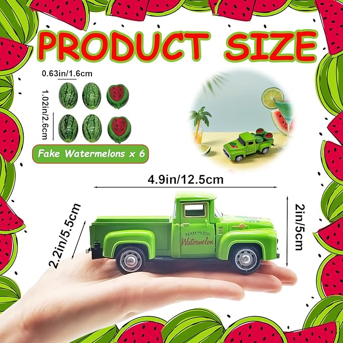 Watermelon Decor Mini Vintage Green Metal Pickup Truck with 6 Realistic Resin Mini Watermelons, Rustic Farmhouse Tiered Tray Decor for Kitchen Table, Happy Summer Party Home Decoration