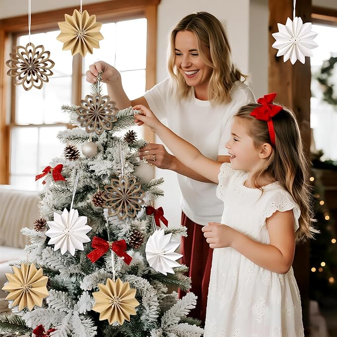 EASY JOY 9Pcs Christmas Hanging Decorations - 3D Paper Christmas Tree Hanging Decor Log White Snowflake Ornaments Christmas Decorations Outdoor Indoor for Xmas Party,Boho Home,Window Door Decor