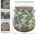 Vintage Ceramic Vase with Green Floral Pattern, White and Green, Crackle Glazed Finish, Decorative Garden Design (Large - Belly Jar with Drainage Hole)