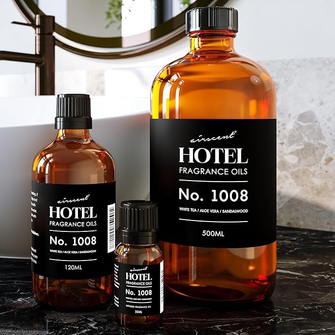 AirScent Hotel Diffuser Oil No. 1008 - White Tea, Aloe Vera & Sandalwood - Hotel Scent Dupe - Premium Fragrance Oil for Ultrasonic and Waterless Diffusers and Crafting - 30 mL, 1 fl oz Glass Bottle