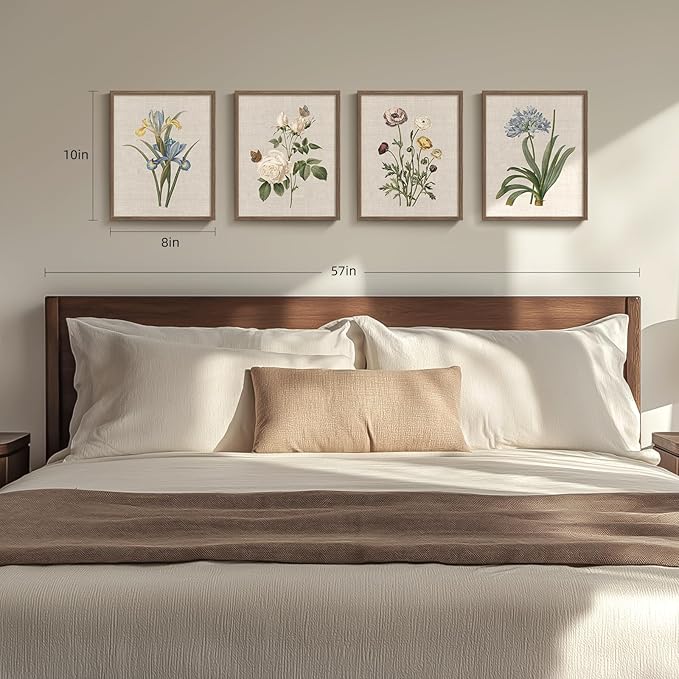 Framed Botanical Wall Art for Bathroom, 4 Piece Vintage Floral Canvas Painting Prints Artwork Farmhouse Wall Decor, Rustic Flower Butterfly Pictures for Bedroom Kitchen Hallway Home Decor, 8x10 Inch