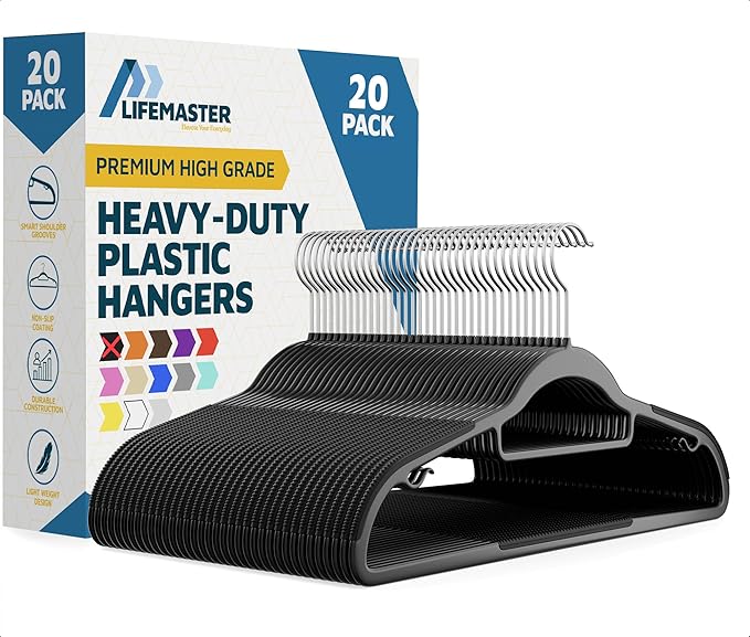 Lifemaster Versatile Clothes Hanger Set - 20 Pieces Space-Saving Dry and Wet Clothes Hanger Set with 360° Swivel Hook and Non-Slip Rubber Design - Black