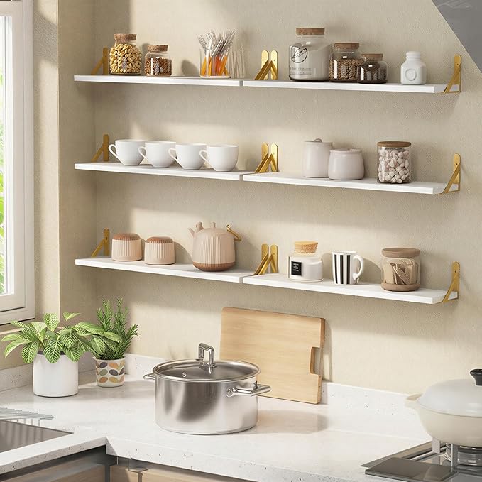 YGEOMER White Floating Shelves for Wall, Farmhouse 23.6 Inch Wall Shelves for Bedroom, Bathroom Storage, Living Room and Kitchen Decor (Set of 6 White)
